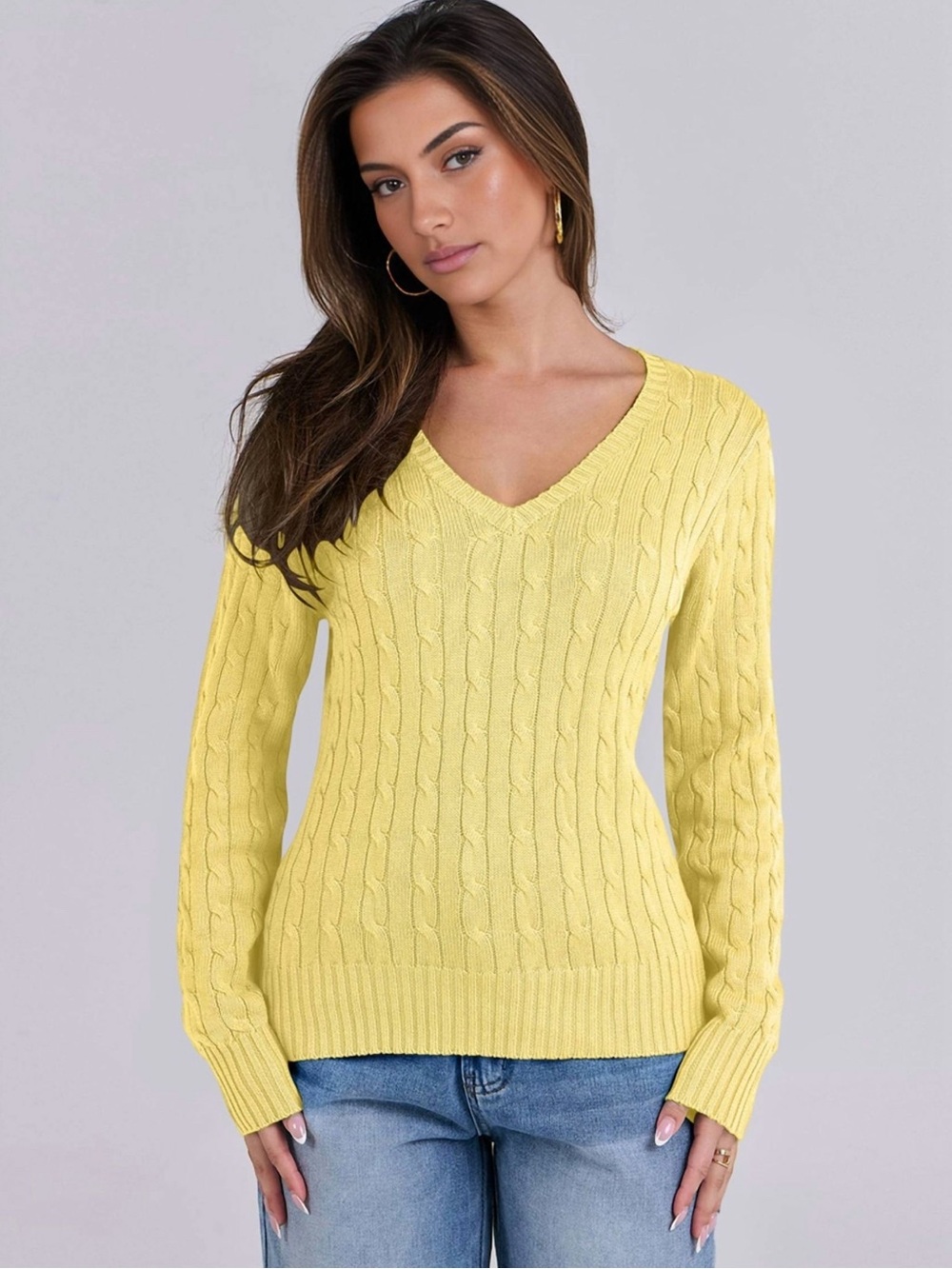 Vintage Faded Glory Yellow Cotton Cable Knit V-Neck Sweater